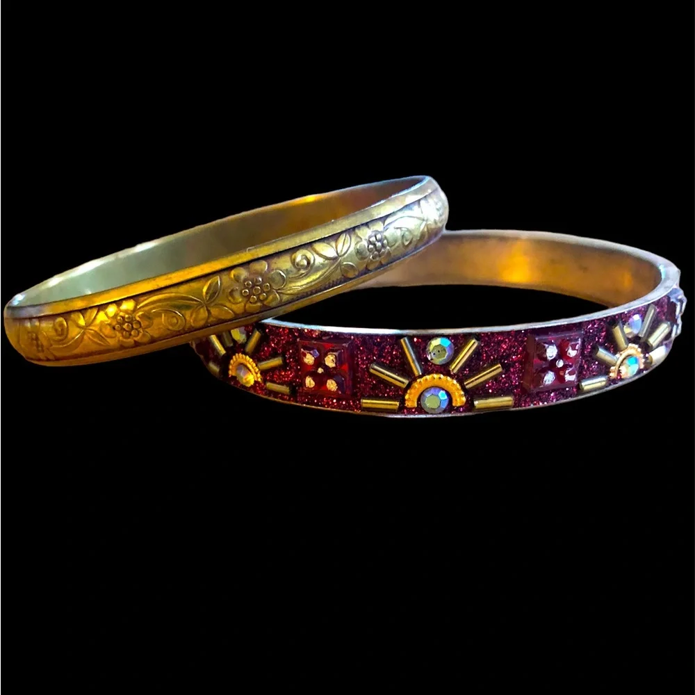 Whimsigoth Pair (2) Vintage Boho Gold Red‎ Flower Sun Bangle Set